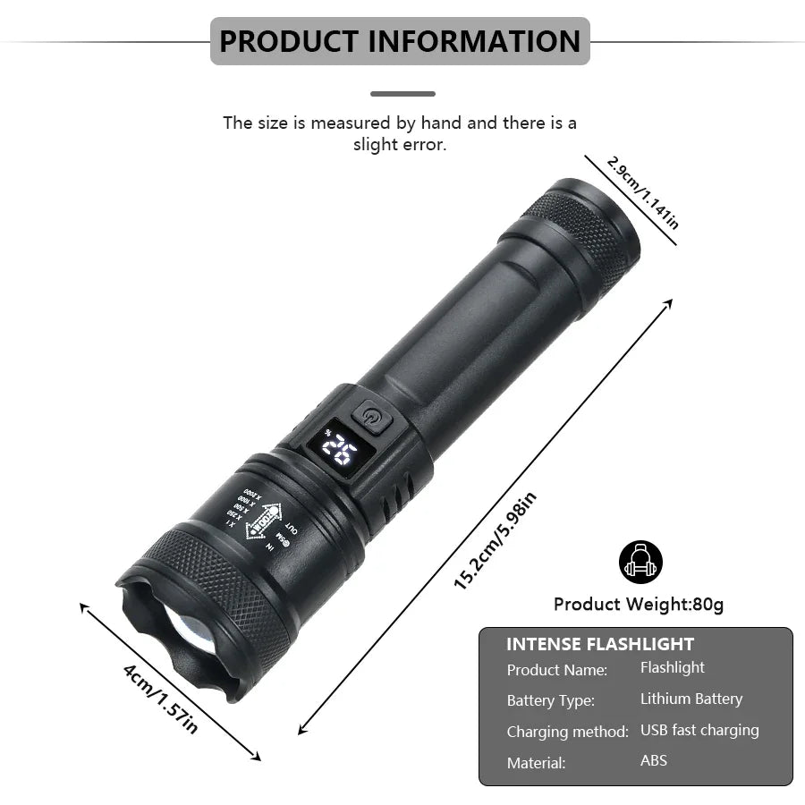Rechargeable LED Tactical Flashlight with Display